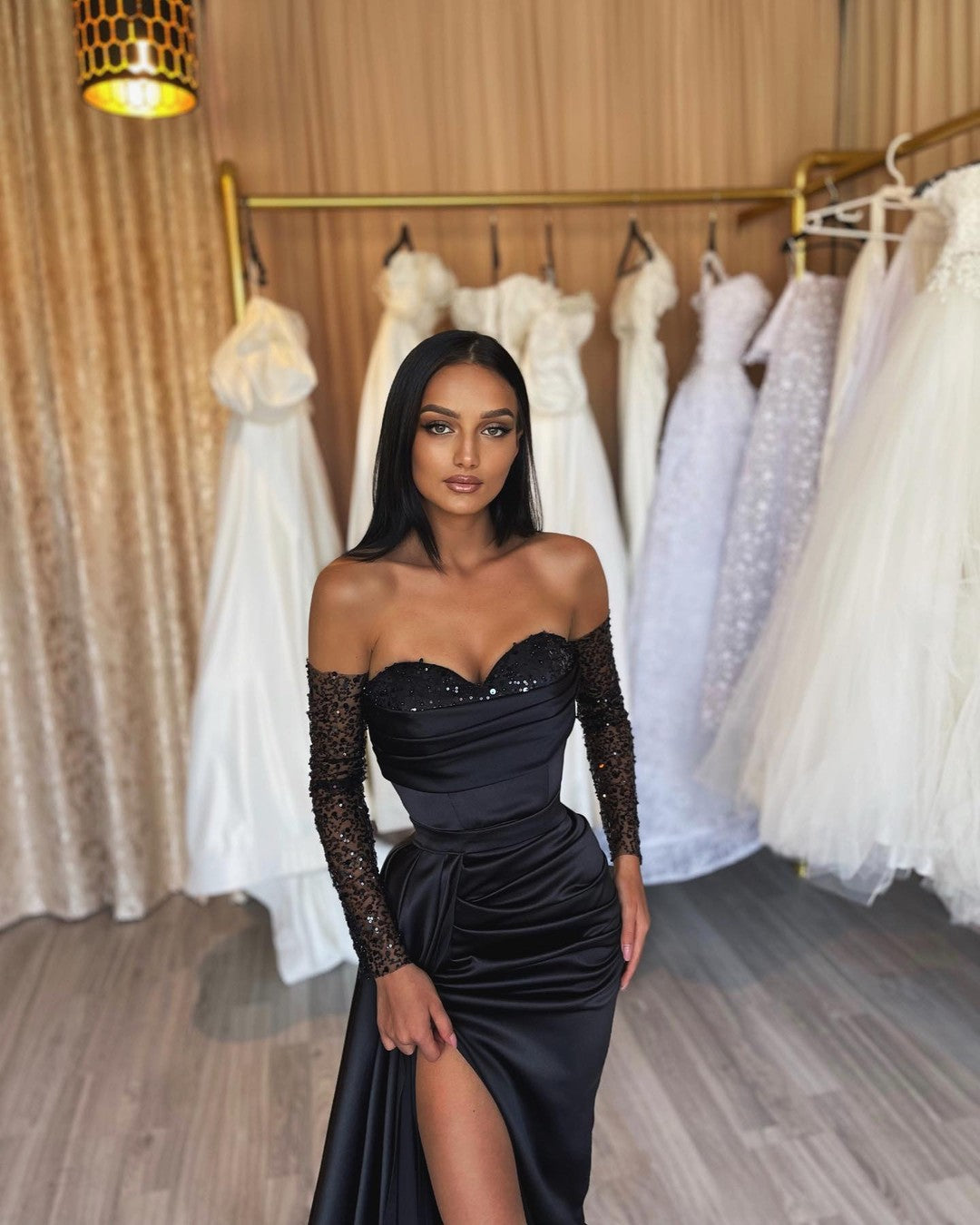 Elegant Black Long Sleeve Evening Dresses Luxury Appliques A-Line  Floor-Length Tulle Women Prom Gowns 2022